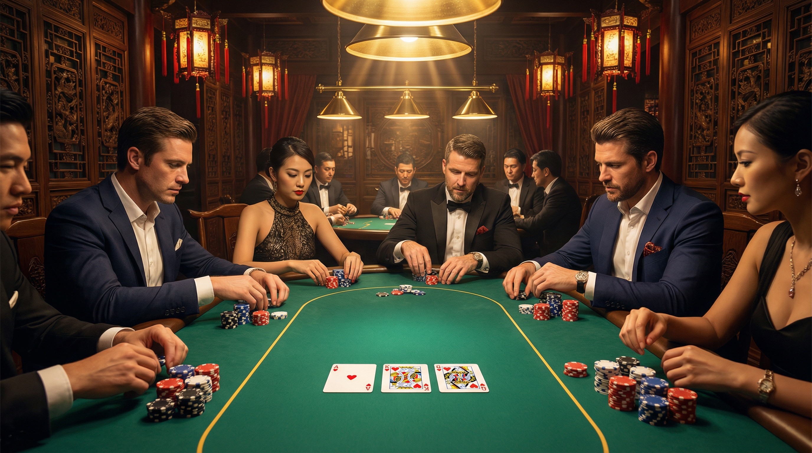 德州扑克游戏场景，绿色牌桌上摆放着扑克牌和筹码